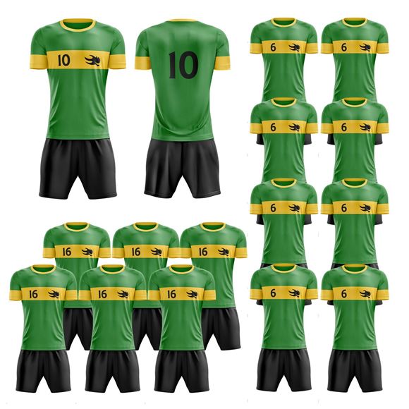 Picture of Lot of 15 Unisex Soccer Apparel (Jersey and Shorts) Custom Made for You in Any Ten Sizes with Numbers and Logo. Style 109