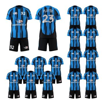 Picture of Lot of 15 Unisex Soccer Apparel (Jersey and Shorts) Custom Made for You in Any Ten Sizes with Numbers and Logo. Style 127.
