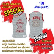 Picture of Lot of 10 Basketball Jersey Fully Decorated in a Sublimated Design. Style 5551 Special.